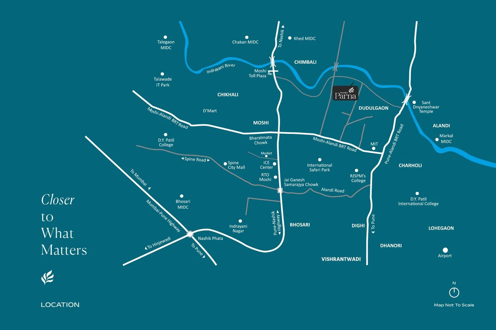 Map showing Raahee Parna in Dudulgaon near Moshi, Pune, with schools, hospitals and IT parks