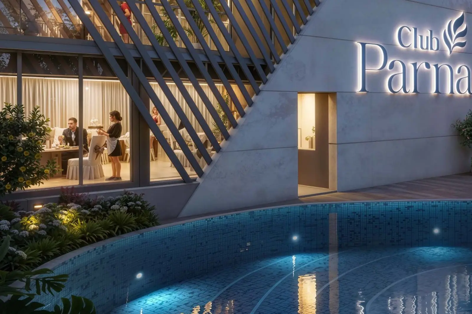 Club Parna swimming pool and clubhouse at Raahee Parna in Dudulgaon, Pune